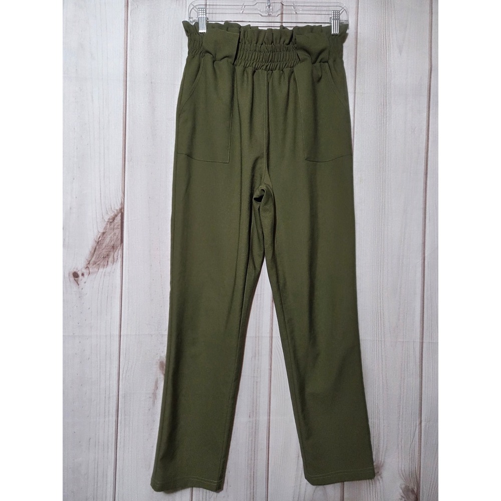 Grace Karin Olive Green Paperbag Waist‎ Pants Straight Leg Pockets Size M